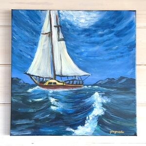 New Painting Sailboat Dramatic Waves & Sky, Original Acrylic 16X16 Signed Canvas
